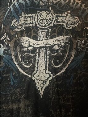 Men's Throwdown MMA Black Graphic Short Sleeve Tee with Ornate Cross Design
